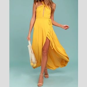 Lulus Marisha Golden Yellow Halter Wrap Dress